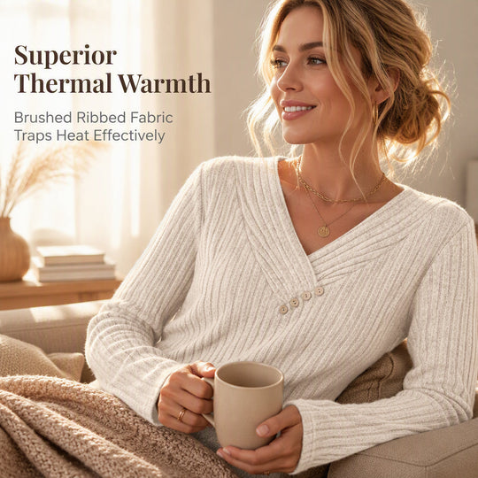 Women's Ribbed Knit V-Neck Top with Decorative Buttons
