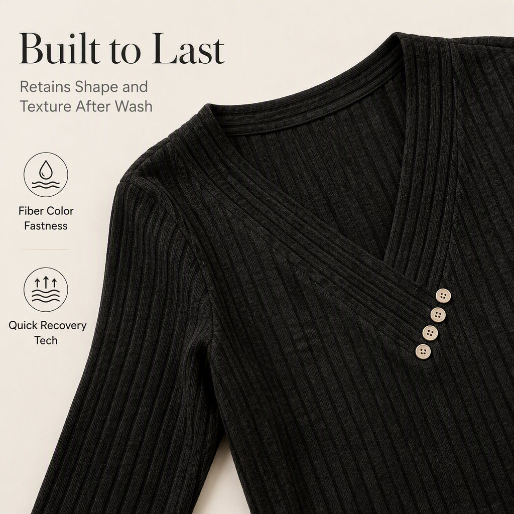 Women's Ribbed Knit V-Neck Top with Decorative Buttons