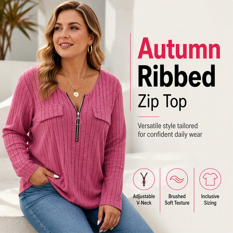 ⌛Limited-Time Offer-Women's Zipper V-Neck Ribbed Knit Long Sleeve Top