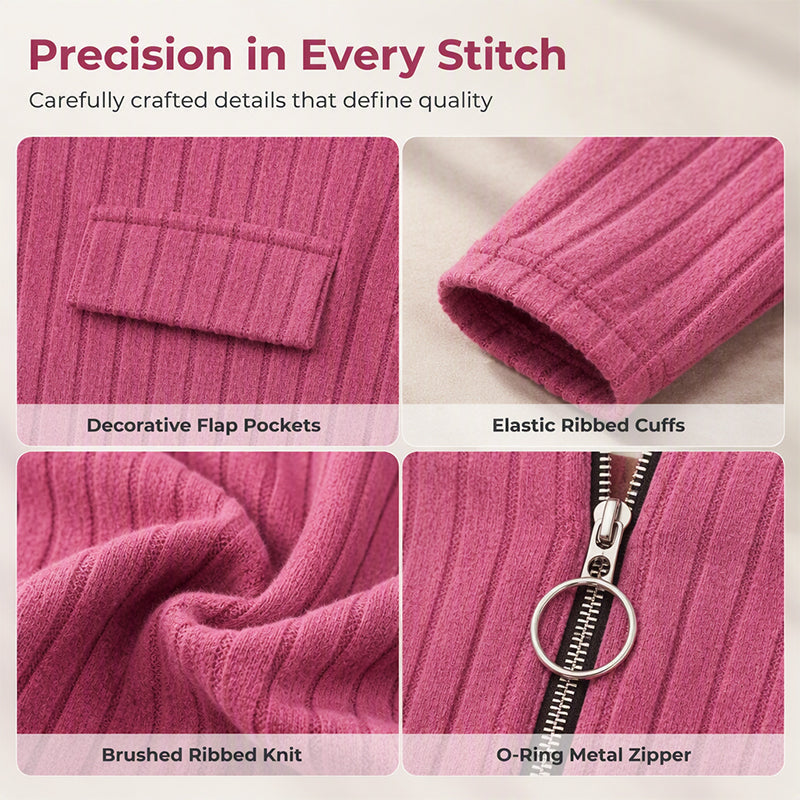 ⌛Limited-Time Offer-Women's Zipper V-Neck Ribbed Knit Long Sleeve Top