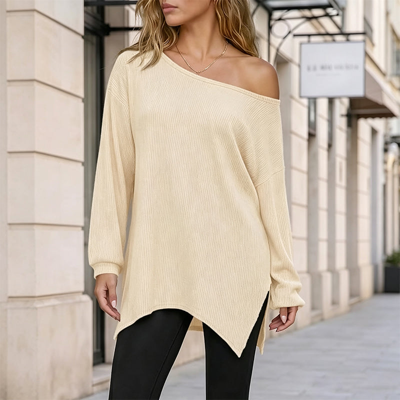 👚New Arrivals - Off-Shoulder Blouse with Side Split – Flowing Drape & Modern Edge for Any Casual Occasion