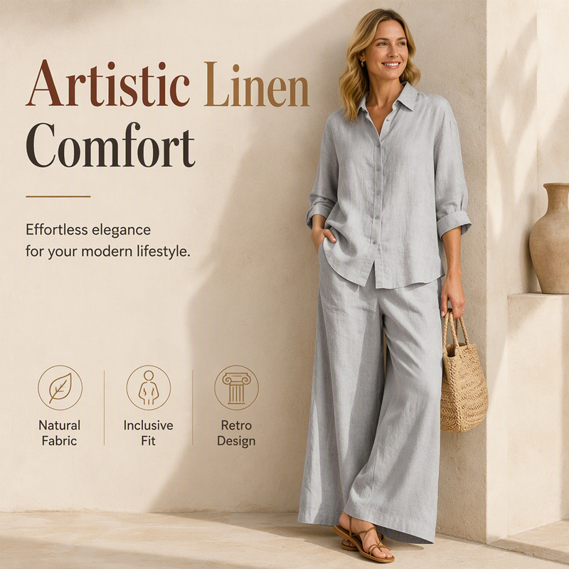 Trending Now⭐👚👖 Cotton-Linen Shirt & Wide-Leg Pants Set
