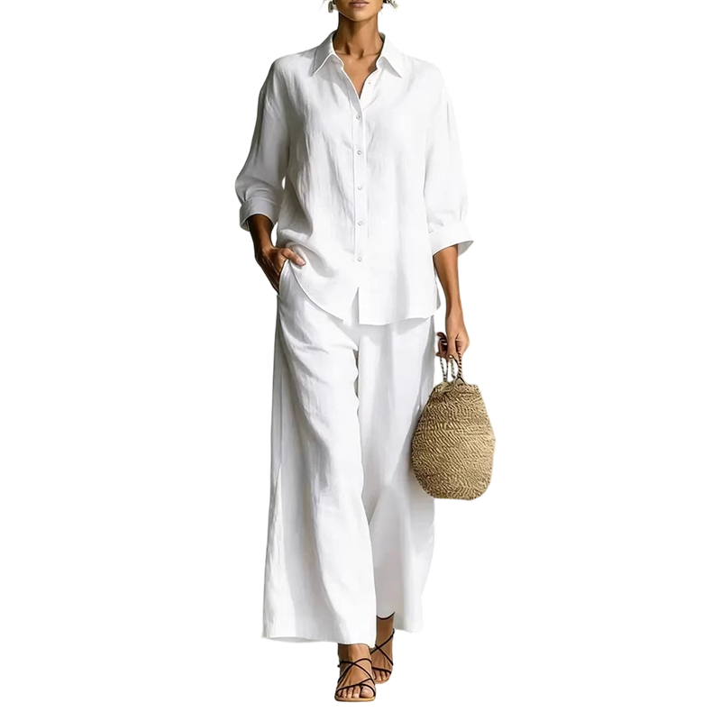 Trending Now⭐👚👖 Cotton-Linen Shirt & Wide-Leg Pants Set