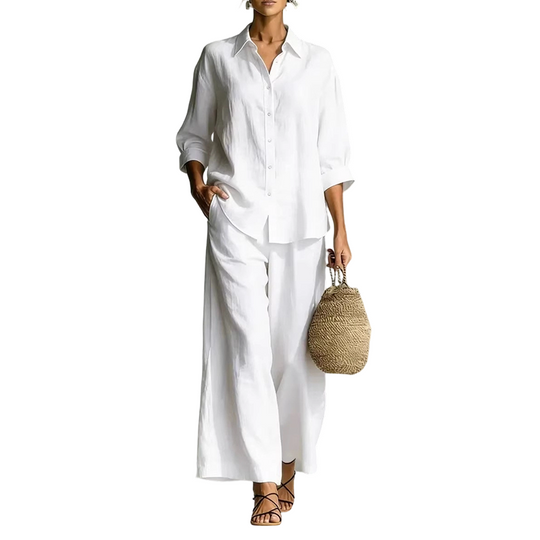 Trending Now⭐👚👖 Cotton-Linen Shirt & Wide-Leg Pants Set
