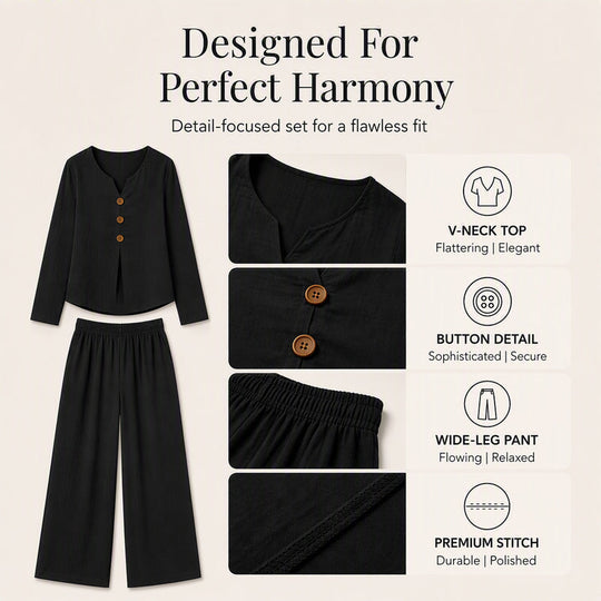 Women's V-Neck Long Sleeve Top & Wide-Leg Pants Set