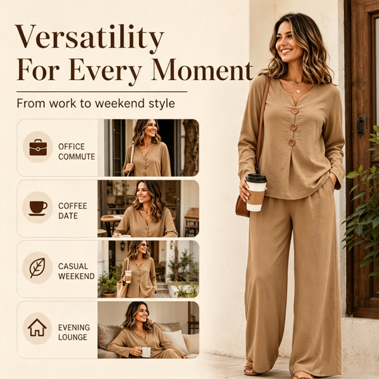 Women's V-Neck Long Sleeve Top & Wide-Leg Pants Set