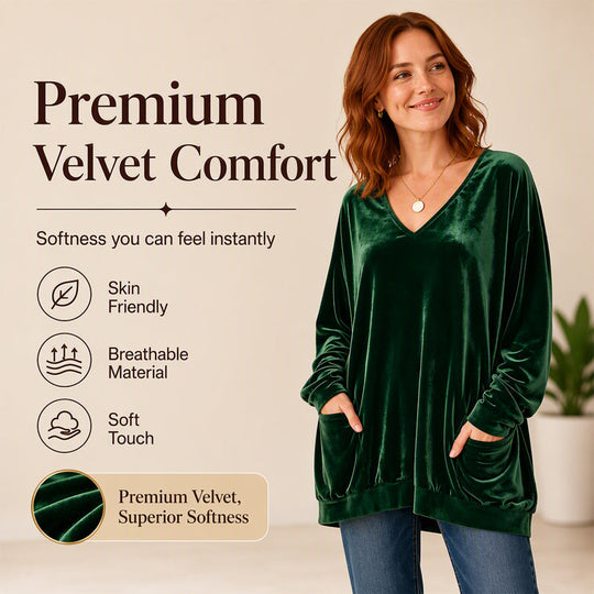 ☀️👚Seasonal Style - V-Neck Velvet Blouse with Long Sleeves – Cozy Warmth & Sophisticated Shine for Cooler Days