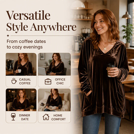 ☀️👚Seasonal Style - V-Neck Velvet Blouse with Long Sleeves – Cozy Warmth & Sophisticated Shine for Cooler Days
