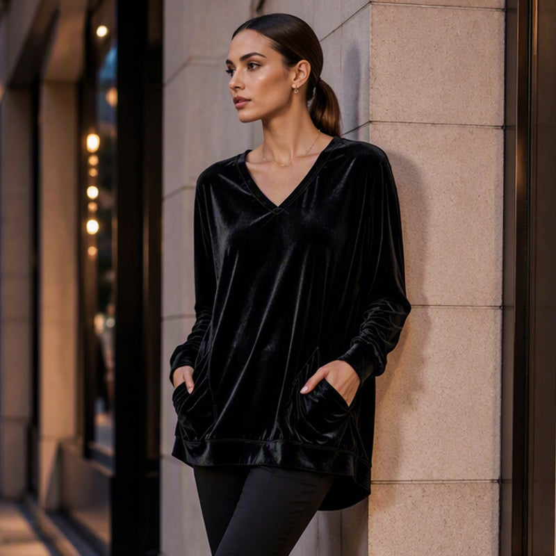 ☀️👚Seasonal Style - V-Neck Velvet Blouse with Long Sleeves – Cozy Warmth & Sophisticated Shine for Cooler Days