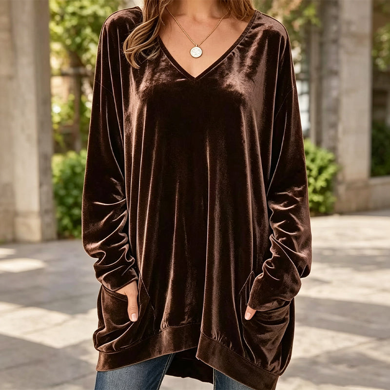 ☀️👚Seasonal Style - V-Neck Velvet Blouse with Long Sleeves – Cozy Warmth & Sophisticated Shine for Cooler Days