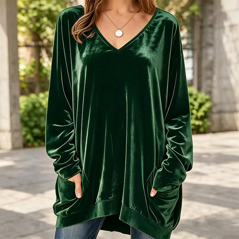 ☀️👚Seasonal Style - V-Neck Velvet Blouse with Long Sleeves – Cozy Warmth & Sophisticated Shine for Cooler Days