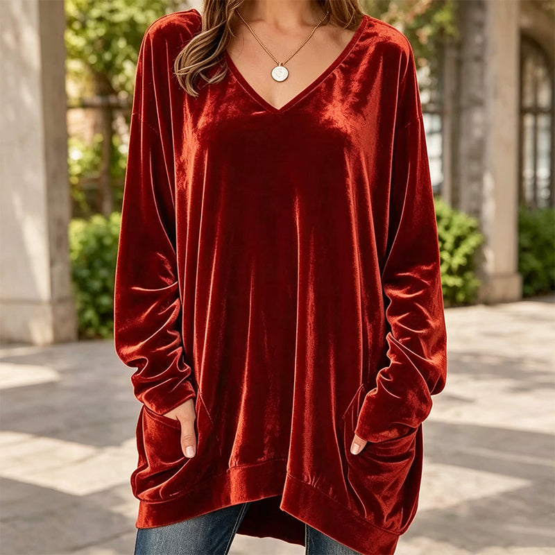 ☀️👚Seasonal Style - V-Neck Velvet Blouse with Long Sleeves – Cozy Warmth & Sophisticated Shine for Cooler Days