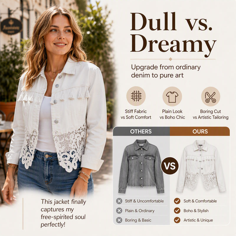 Trending Now⭐🧥 Stitched Lace Denim Jacket – Feminine Details & Classic Cut for Effortless Everyday Style