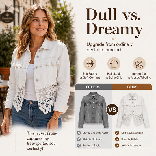 Trending Now⭐🧥 Stitched Lace Denim Jacket – Feminine Details & Classic Cut for Effortless Everyday Style