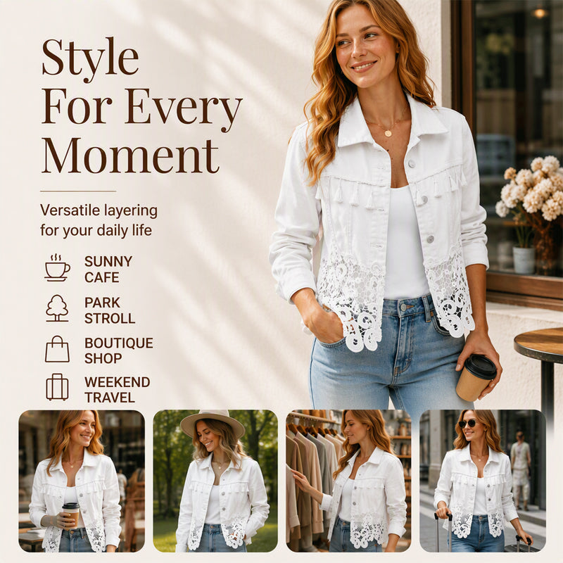 Trending Now⭐🧥 Stitched Lace Denim Jacket – Feminine Details & Classic Cut for Effortless Everyday Style