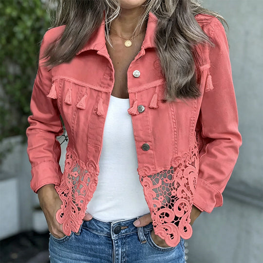 Trending Now⭐🧥 Stitched Lace Denim Jacket – Feminine Details & Classic Cut for Effortless Everyday Style