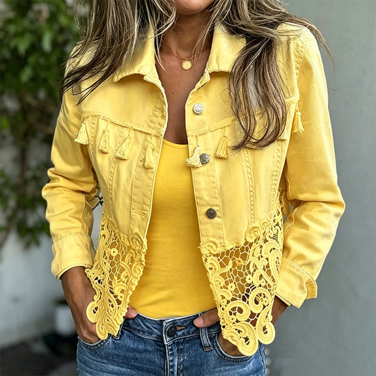 Trending Now⭐🧥 Stitched Lace Denim Jacket – Feminine Details & Classic Cut for Effortless Everyday Style