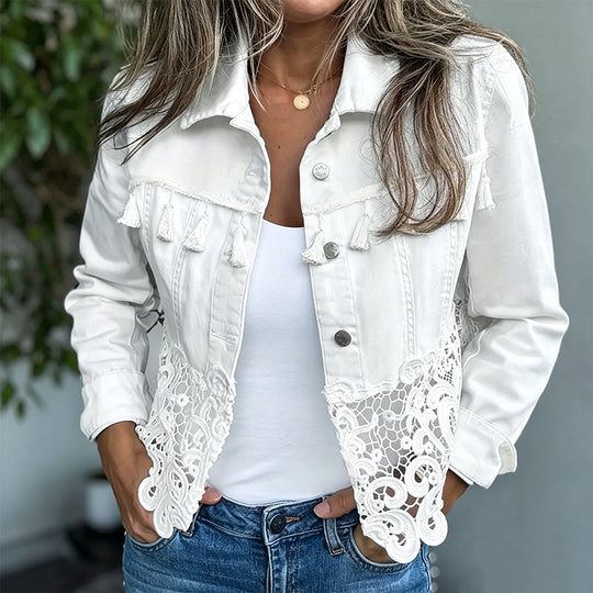 Trending Now⭐🧥 Stitched Lace Denim Jacket – Feminine Details & Classic Cut for Effortless Everyday Style