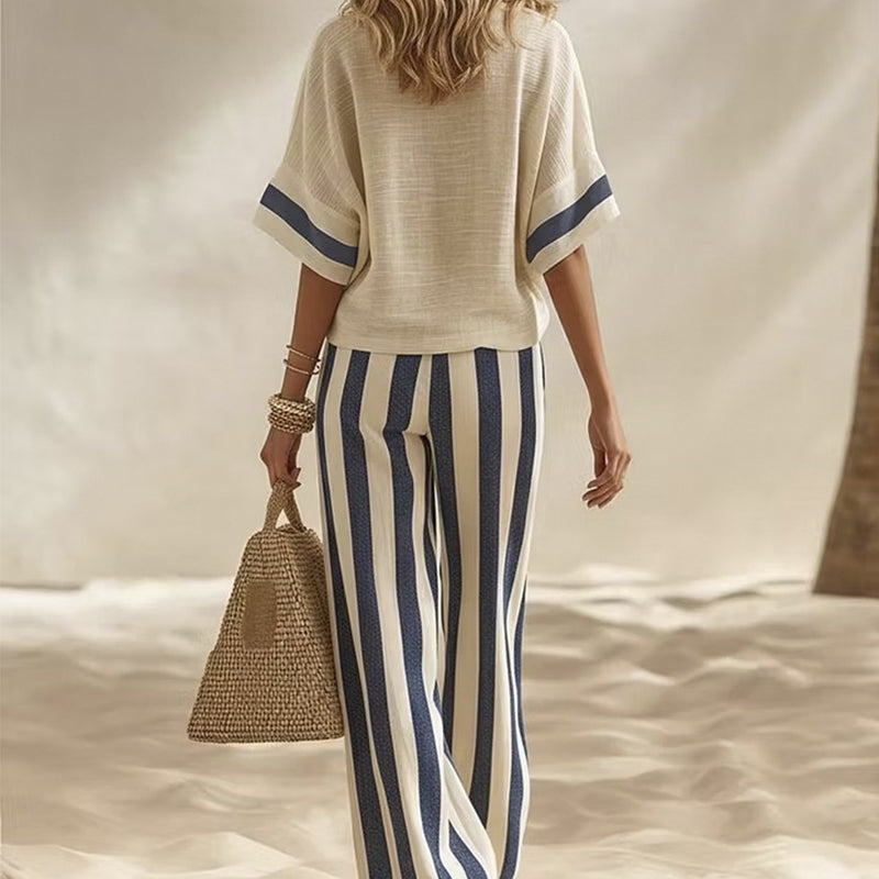 ✨ Women's Casual Striped Two Piece Wide Leg Pants Set – Effortless Style, All-Day Comfort