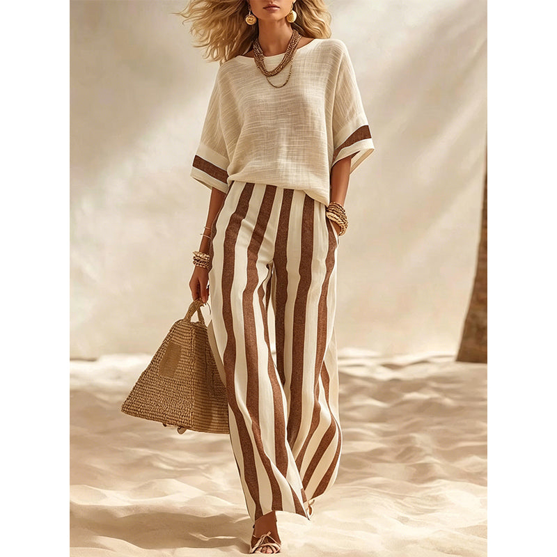 ✨ Women's Casual Striped Two Piece Wide Leg Pants Set – Effortless Style, All-Day Comfort
