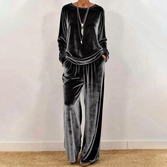 ☀️👚Seasonal Style - Pullover & Wide-Leg Velvet Set – Functional Side Pockets & Relaxed Fit for All-Day Wear