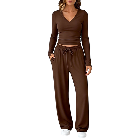 👚 Women's V-Neck Long-Sleeve Top & Wide-Leg Pants Set – Effortless Autumn Elegance
