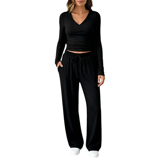 👚 Women's V-Neck Long-Sleeve Top & Wide-Leg Pants Set – Effortless Autumn Elegance