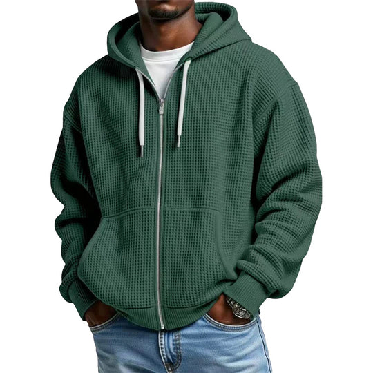 🍂Men's Full -Zip Waffle Knit Hooded Sweatshirt – Cozy Comfort Meets Everyday Style