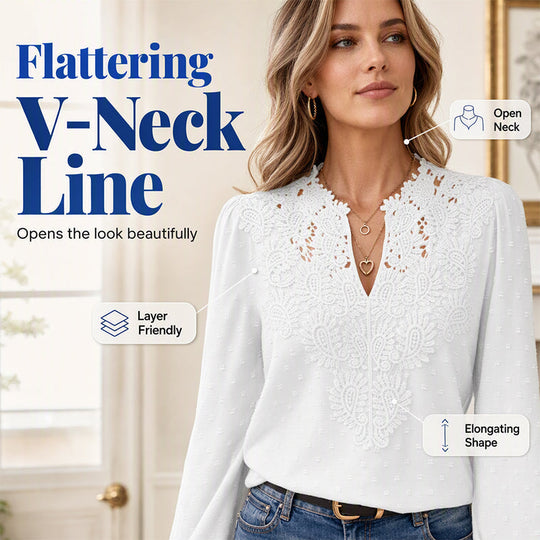 Women V Neck Lace Blouse Long Sleeve Swiss Dot Casual T Shirts Top