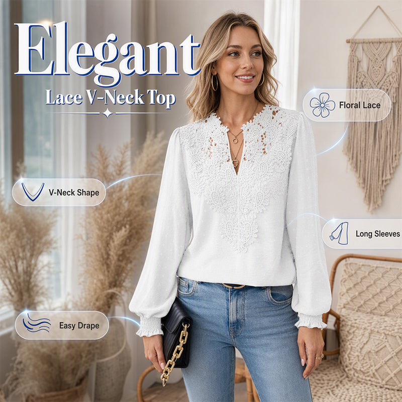 Women V Neck Lace Blouse Long Sleeve Swiss Dot Casual T Shirts Top