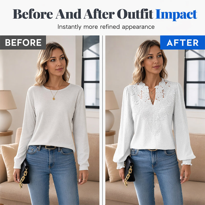 Women V Neck Lace Blouse Long Sleeve Swiss Dot Casual T Shirts Top