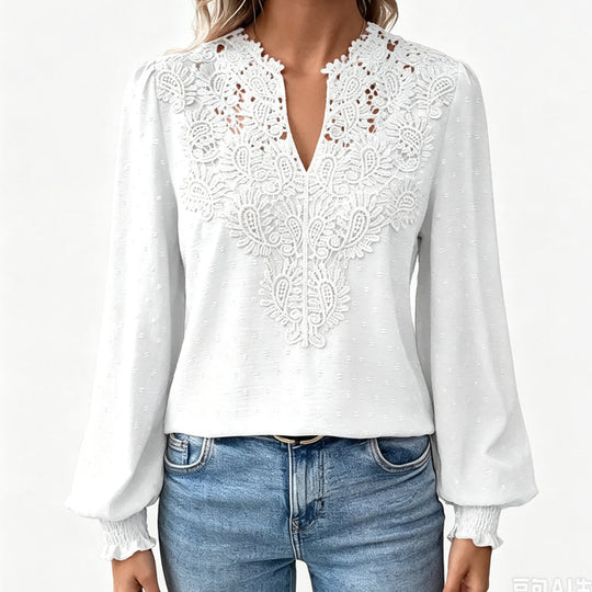Women V Neck Lace Blouse Long Sleeve Swiss Dot Casual T Shirts Top