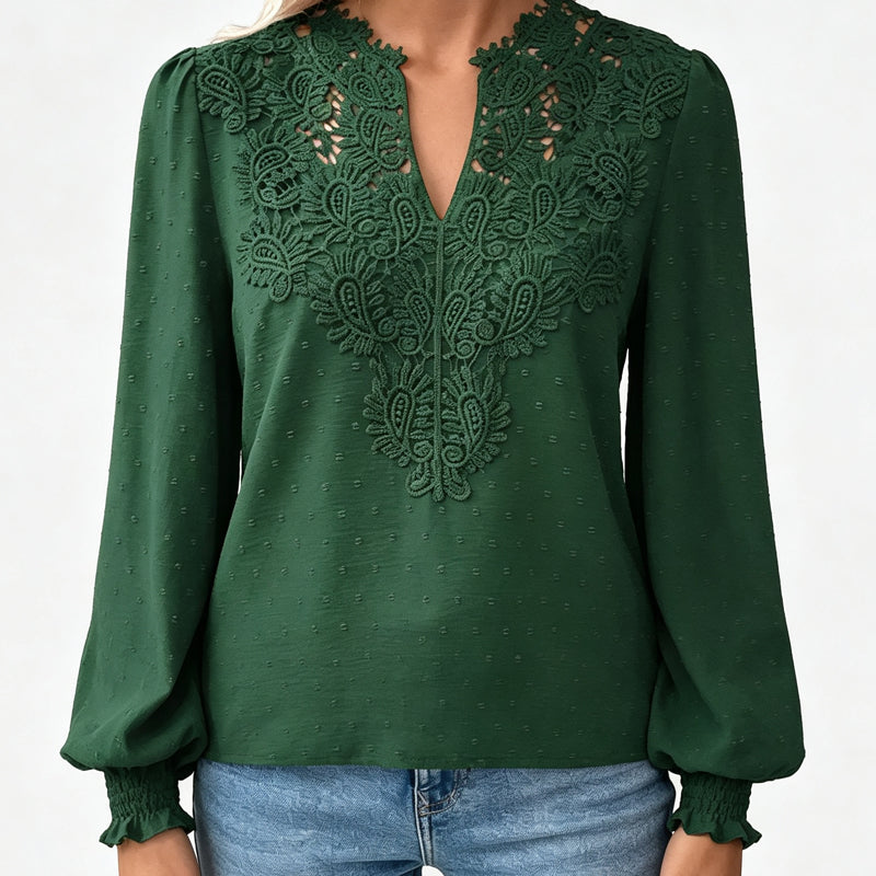 Women V Neck Lace Blouse Long Sleeve Swiss Dot Casual T Shirts Top
