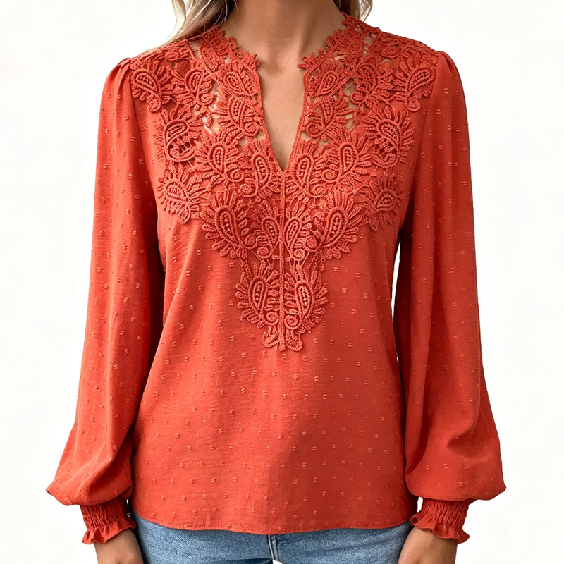 Women V Neck Lace Blouse Long Sleeve Swiss Dot Casual T Shirts Top