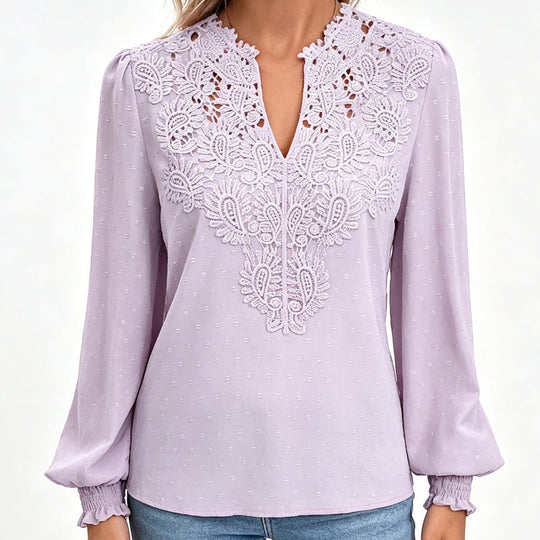 Women V Neck Lace Blouse Long Sleeve Swiss Dot Casual T Shirts Top
