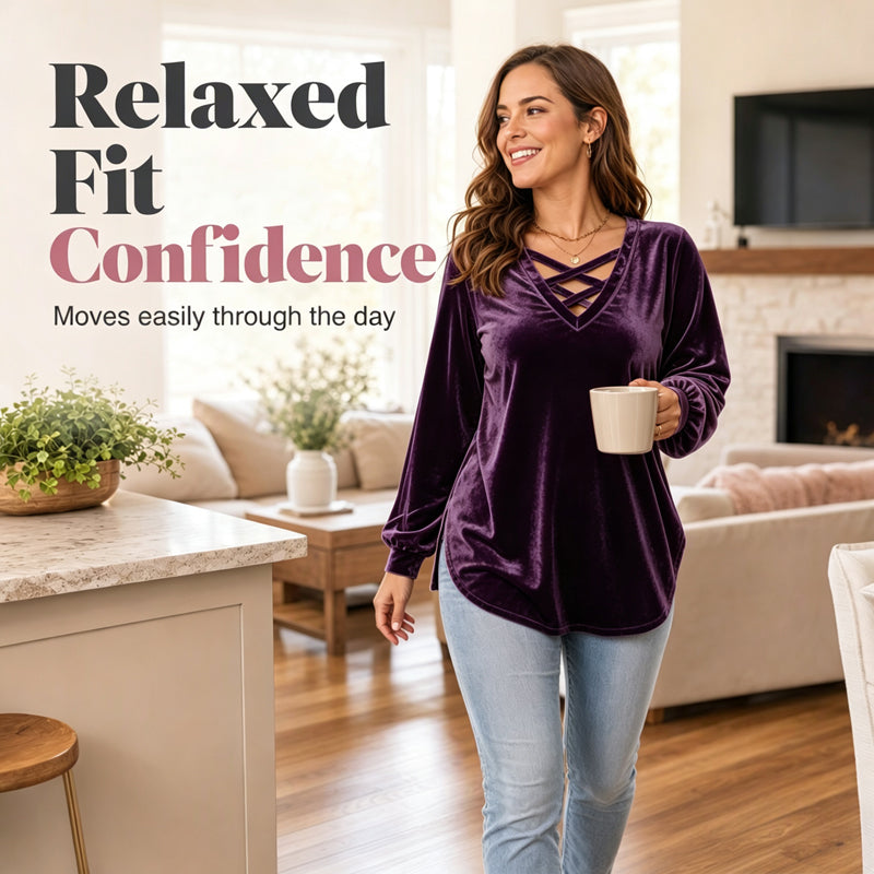 👚 ✨Women's Velvet Criss Cross V-Neck Top – Soft Luxury Meets Effortless Elegance