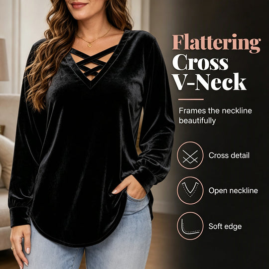 👚 ✨Women's Velvet Criss Cross V-Neck Top – Soft Luxury Meets Effortless Elegance