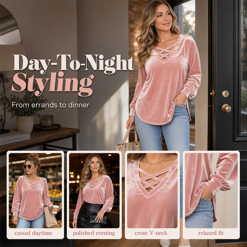 👚 ✨Women's Velvet Criss Cross V-Neck Top – Soft Luxury Meets Effortless Elegance