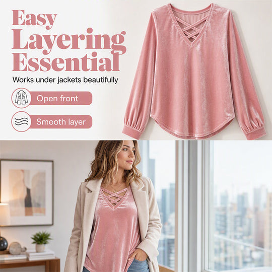 👚 ✨Women's Velvet Criss Cross V-Neck Top – Soft Luxury Meets Effortless Elegance