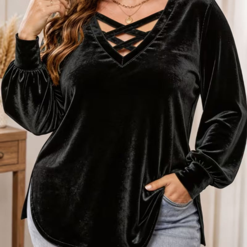 👚 ✨Women's Velvet Criss Cross V-Neck Top – Soft Luxury Meets Effortless Elegance