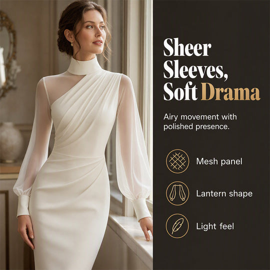 Trending Now⭐👗 Mock Neck Mesh Bodycon Midi Dress – Sheer Sleeve Detail & Fitted Silhouette for Effortless Evening Elegance