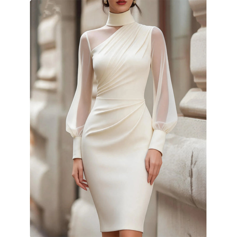 Trending Now⭐👗 Mock Neck Mesh Bodycon Midi Dress – Sheer Sleeve Detail & Fitted Silhouette for Effortless Evening Elegance
