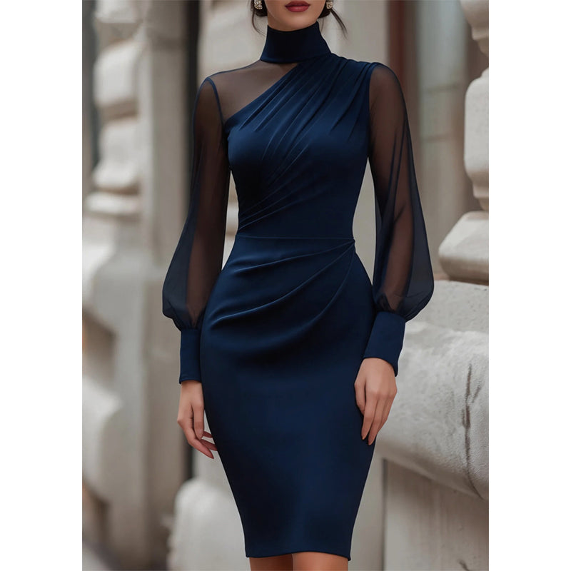 Trending Now⭐👗 Mock Neck Mesh Bodycon Midi Dress – Sheer Sleeve Detail & Fitted Silhouette for Effortless Evening Elegance
