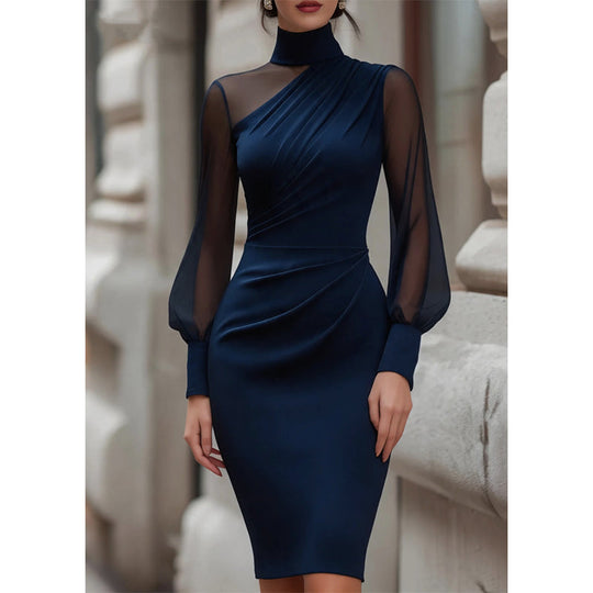 Trending Now⭐👗 Mock Neck Mesh Bodycon Midi Dress – Sheer Sleeve Detail & Fitted Silhouette for Effortless Evening Elegance