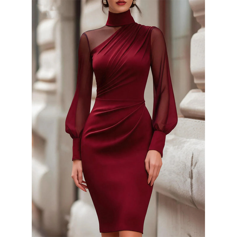 Trending Now⭐👗 Mock Neck Mesh Bodycon Midi Dress – Sheer Sleeve Detail & Fitted Silhouette for Effortless Evening Elegance