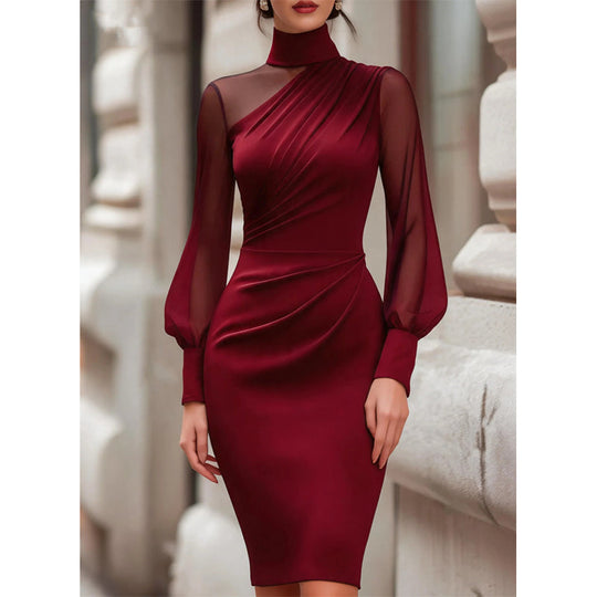 Trending Now⭐👗 Mock Neck Mesh Bodycon Midi Dress – Sheer Sleeve Detail & Fitted Silhouette for Effortless Evening Elegance