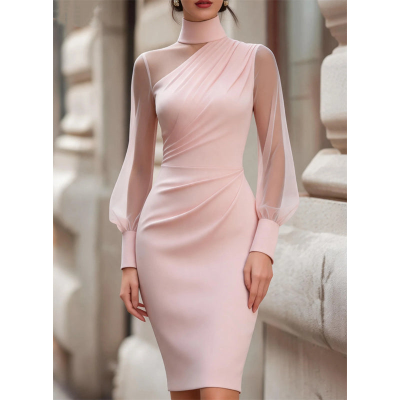 Trending Now⭐👗 Mock Neck Mesh Bodycon Midi Dress – Sheer Sleeve Detail & Fitted Silhouette for Effortless Evening Elegance