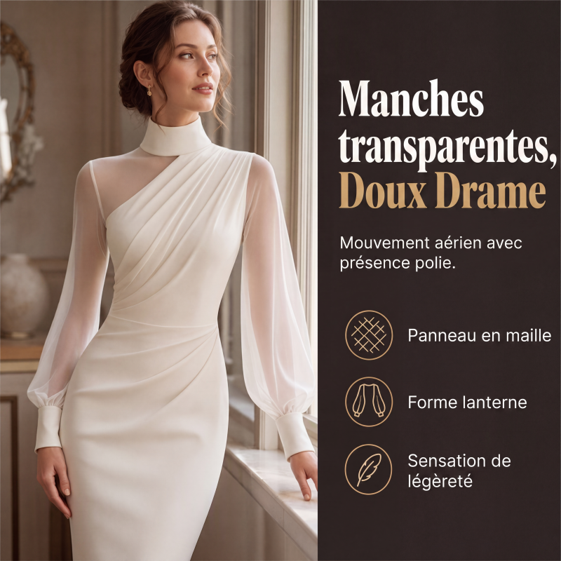 ✨ Robe midi femme à col montant et manches transparentes : facile à porter en soirée 👗