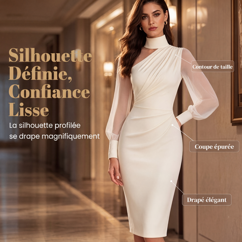 ✨ Robe midi femme à col montant et manches transparentes : facile à porter en soirée 👗