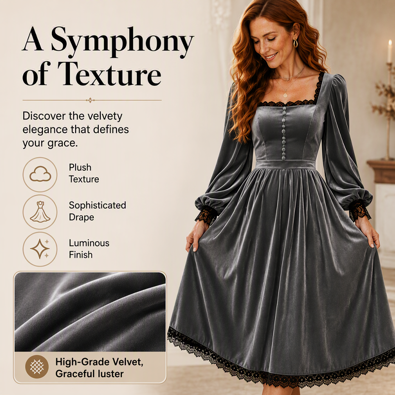 👗 Women's Vintage Square Neck Velvet Dress – Timeless Elegance Meets Luxe Comfort
